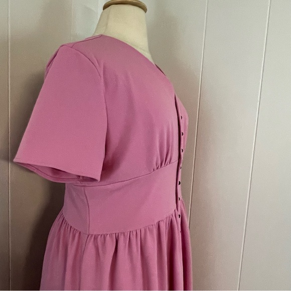 Jessakae Folk Lore Pink Midi Dress XXXL Short Sleeve V-Neck A-Line Cottagecore - Picture 4 of 14